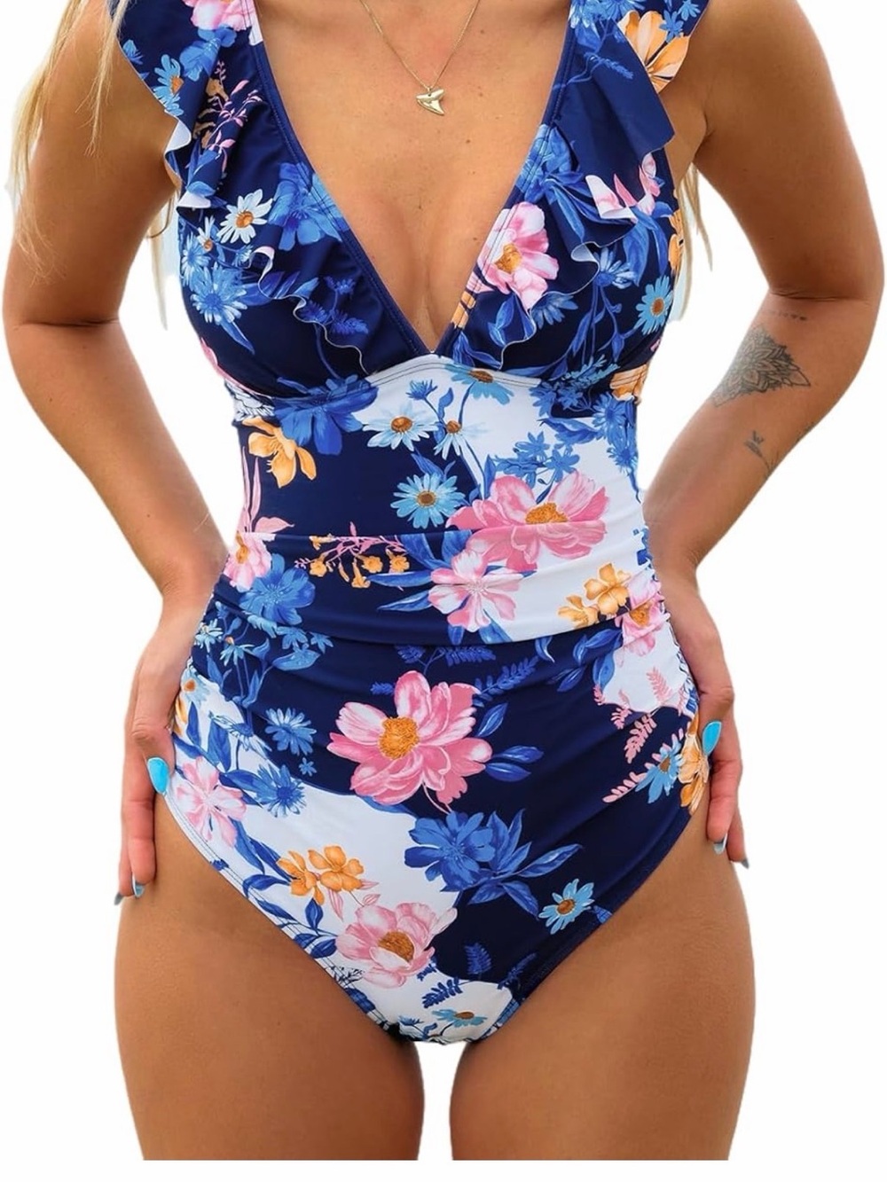 Cupshe Navy Floral Ruffle One-Piece Swimsuit with Pink & Yellow Blooms